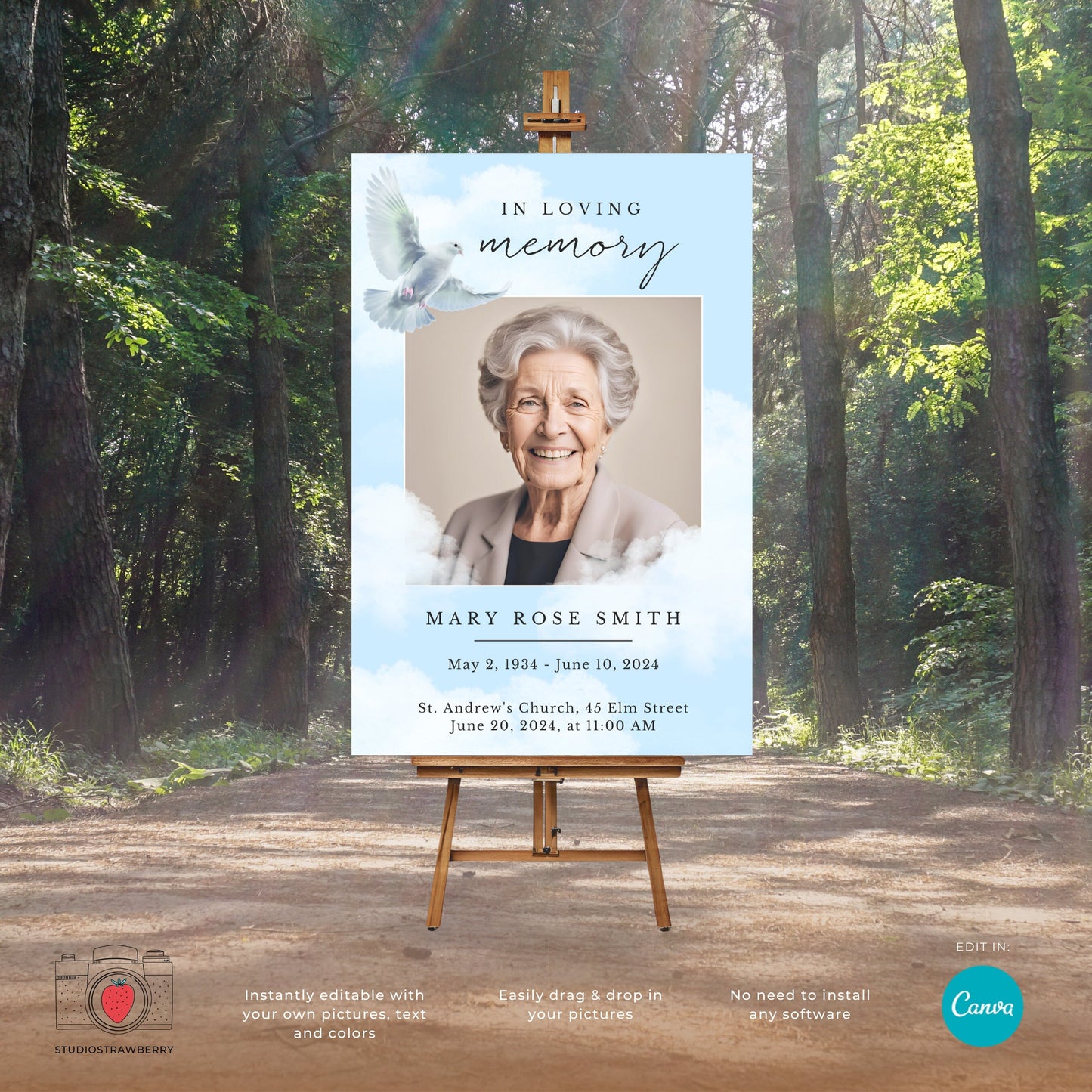 Editable Funeral Sign with Dove Design | Canva 36x24 Memorial Service Poster | Printable In Loving Memory Sign for Christian Funerals
