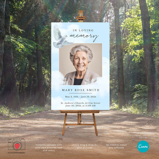 Editable Funeral Sign with Dove Design | Canva 36x24 Memorial Service Poster | Printable In Loving Memory Sign for Christian Funerals