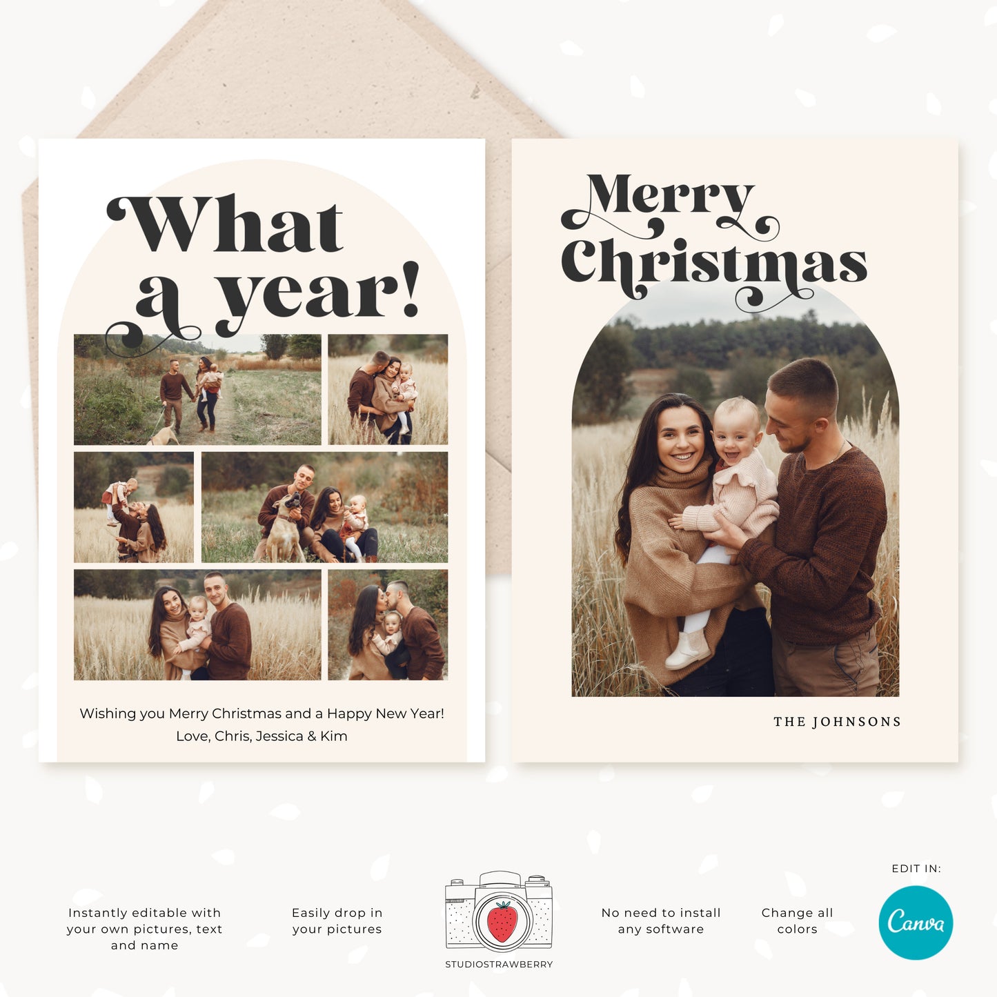 Retro Holiday Photo Card Template | Editable Arch Photo Christmas Card | Classic Family Greeting | Canva Template for Holiday Cards