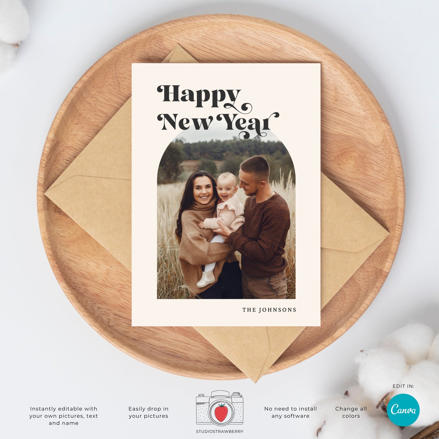 Retro Holiday Photo Card Template | Editable Arch Photo Christmas Card | Classic Family Greeting | Canva Template for Holiday Cards