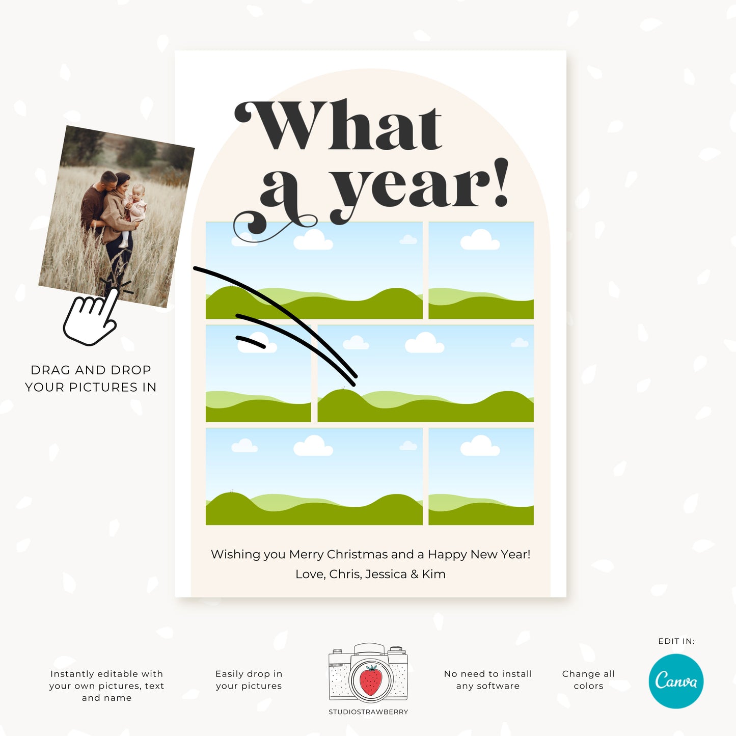 Retro Holiday Photo Card Template | Editable Arch Photo Christmas Card | Classic Family Greeting | Canva Template for Holiday Cards