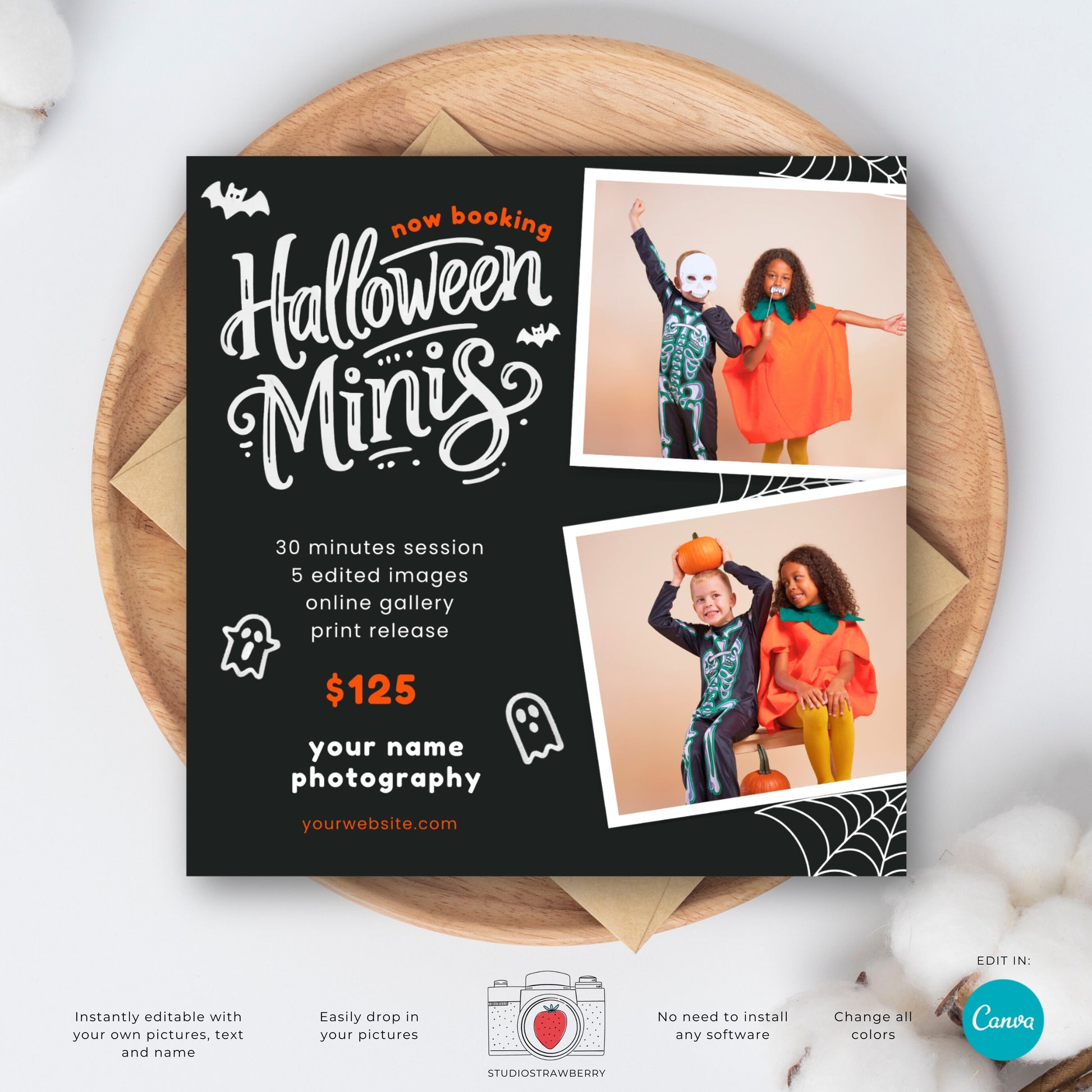 Editable Halloween Mini Sessions Template | Canva Photography Flyer | Customizable Digital & Printable Marketing Card for Halloween Minis