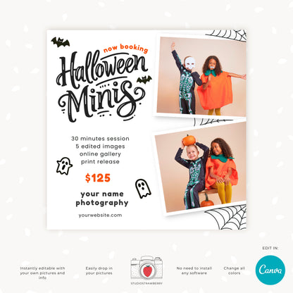 Editable Halloween Mini Sessions Template | Canva Photography Flyer | Customizable Digital & Printable Marketing Card for Halloween Minis