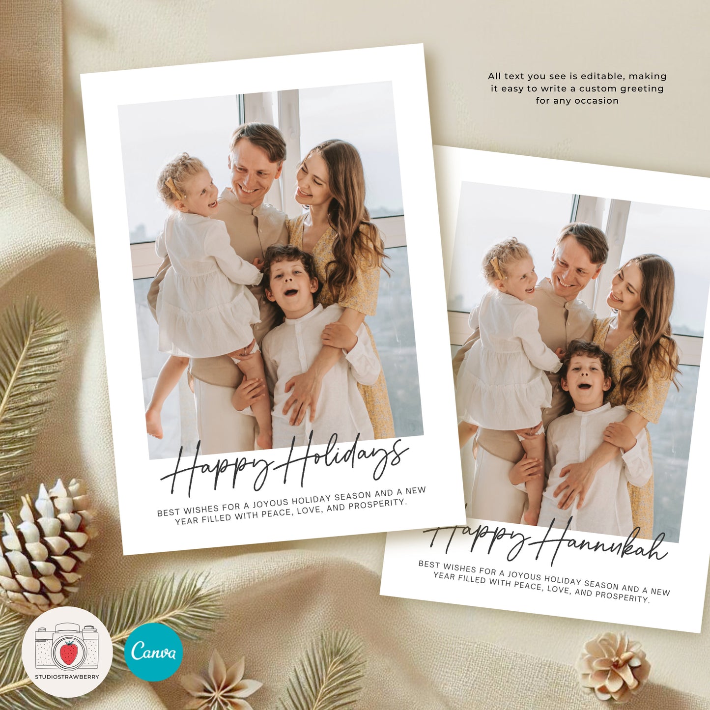 Customizable family holiday photo collage card with space for multiple photos and editable text in Canva.