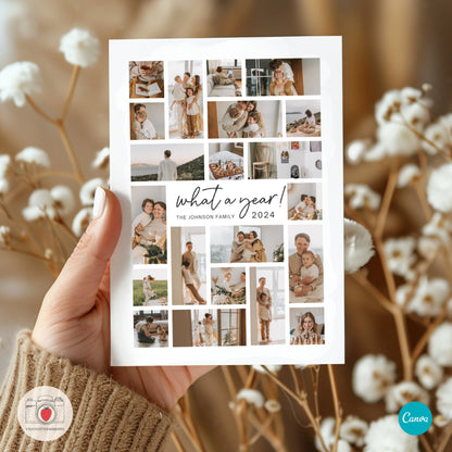 Editable year-in-review card with a stylish photo grid and customizable text for sharing family memories and highlights.