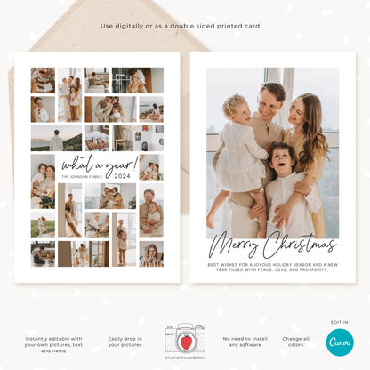 Year-in-review holiday card featuring a modern design and customizable text, perfect for Christmas or Hanukkah greetings.