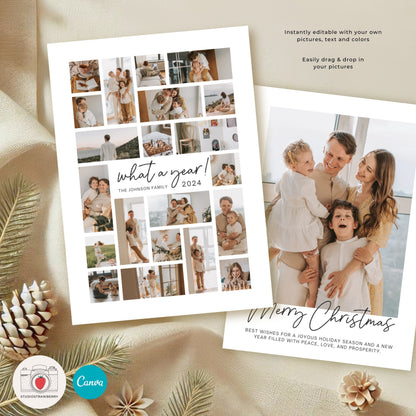 Editable year-in-review photo card template with customizable holiday greetings and a modern photo collage layout.