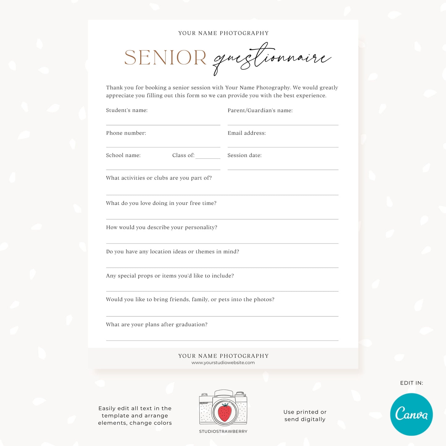 Editable Senior Photography Questionnaire | High School Senior Session Form | Customizable Canva Template for Digital or Printable Use C10