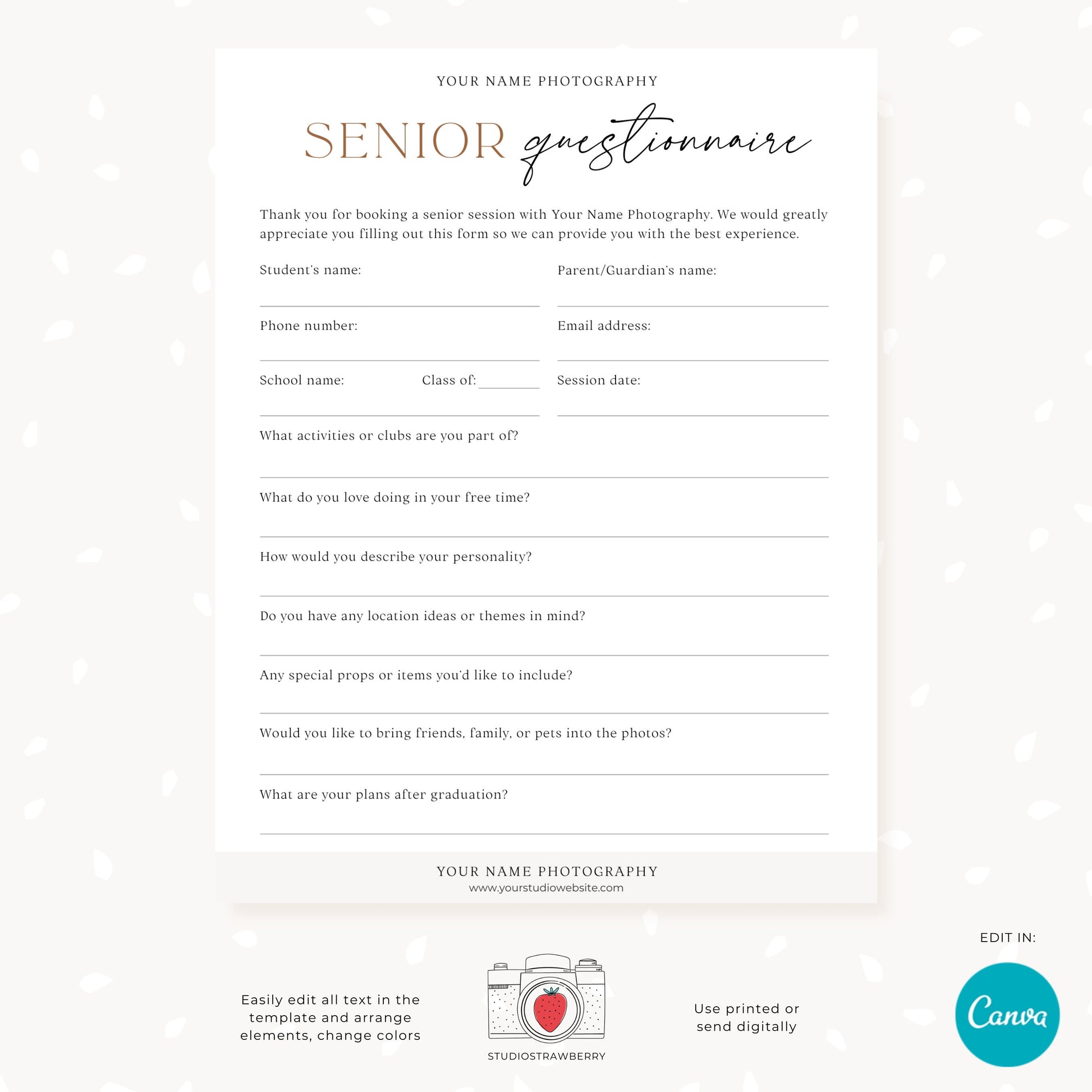 Editable Senior Photography Questionnaire | High School Senior Session Form | Customizable Canva Template for Digital or Printable Use C10