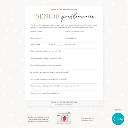 Editable Senior Photography Questionnaire | High School Senior Session Form | Customizable Canva Template for Digital or Printable Use C10
