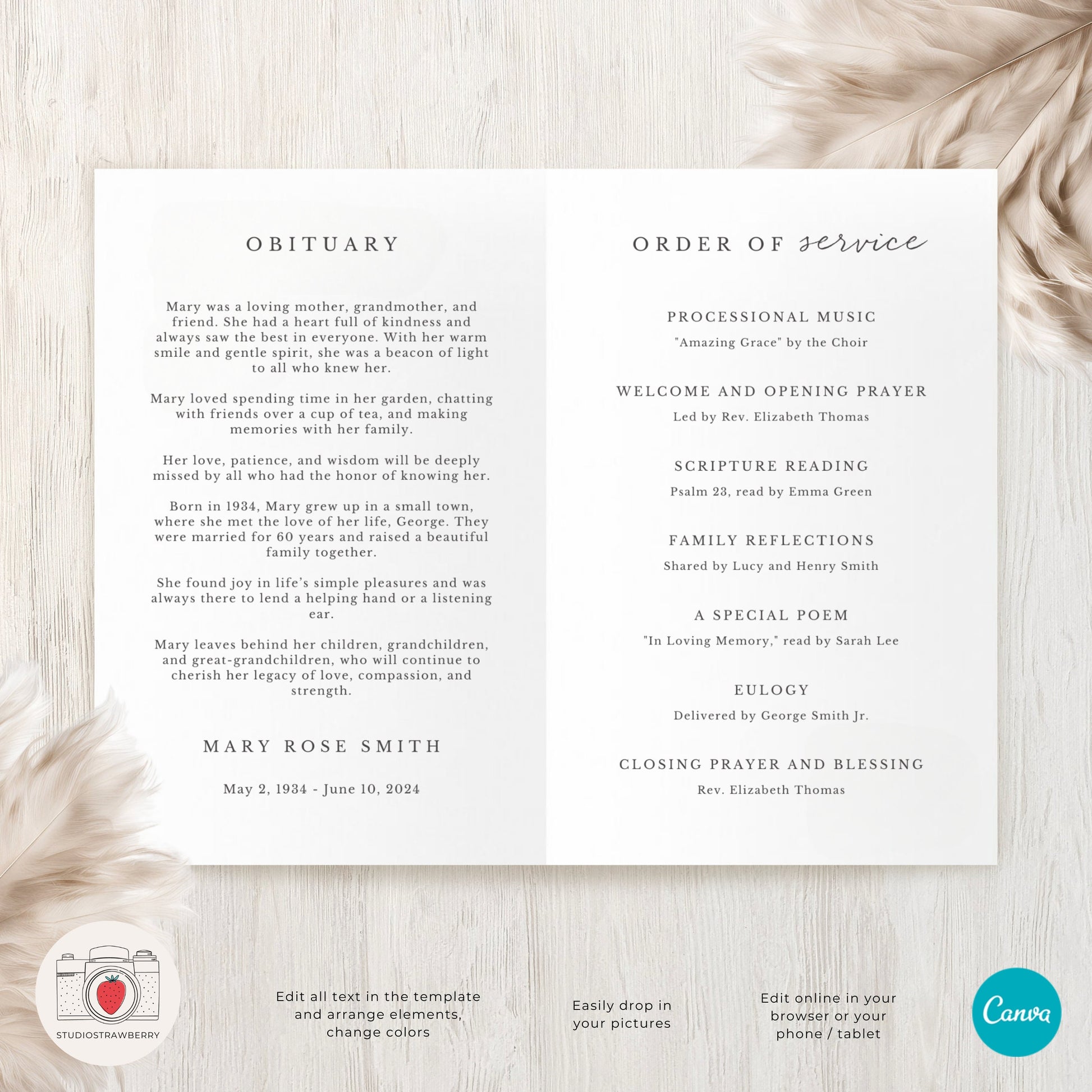 Editable Funeral Program Template with Photo Collage | Customizable Memorial Service Program | US Letter Folded Canva Funeral Booklet