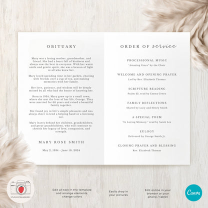 Editable Funeral Program Template with Photo Collage | Customizable Memorial Service Program | US Letter Folded Canva Funeral Booklet