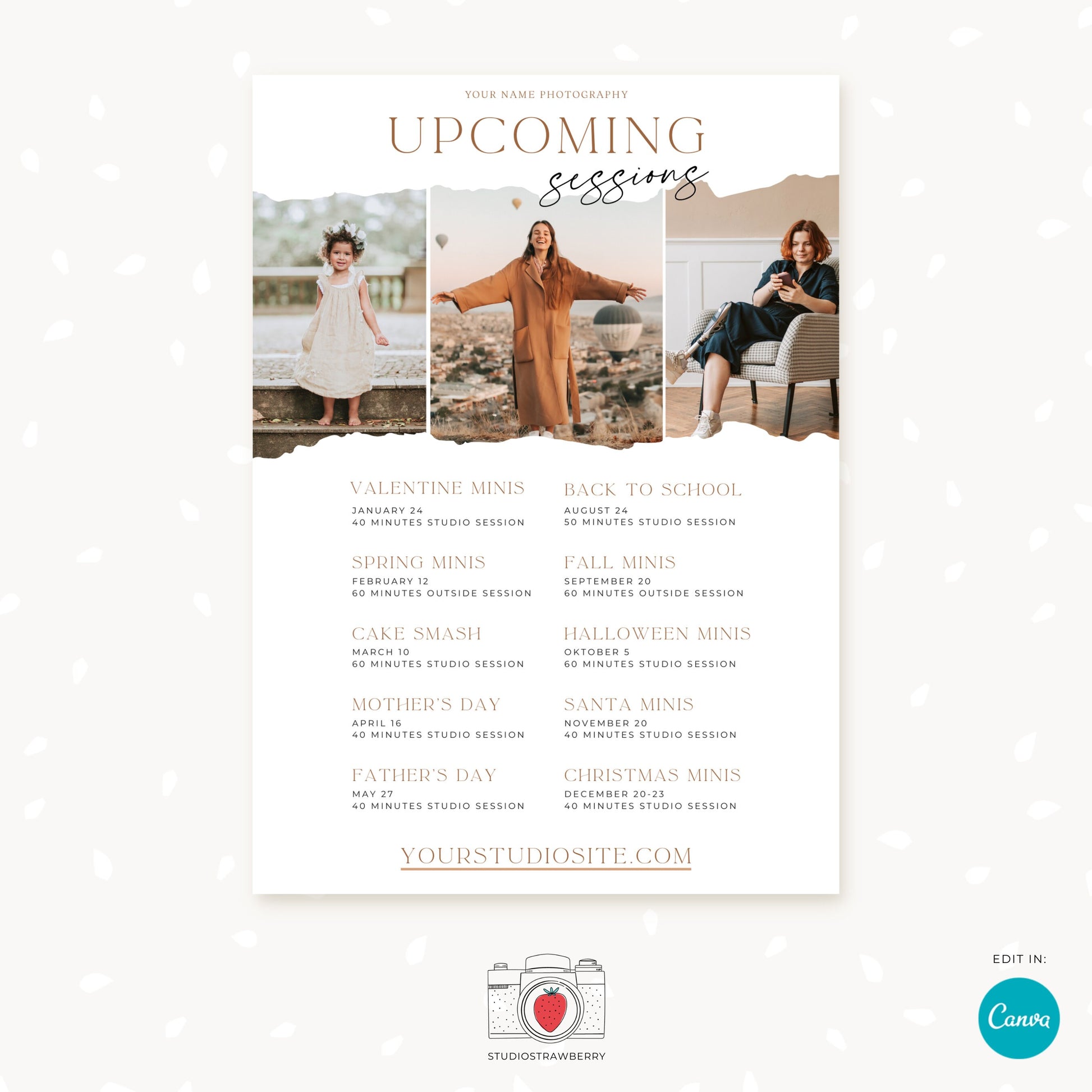 Upcoming Sessions Card for Photographers | Photography Marketing Template | Canva Mini Session Promo | Photography Schedule Flyer