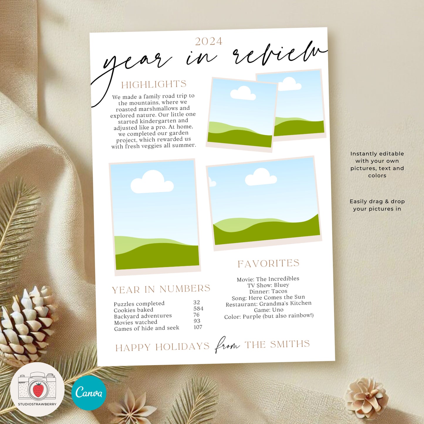 Year in Review Photo Card Template | Customizable Holiday Card | Family Year Recap Christmas Card | Canva Photo Template for Year Highlights