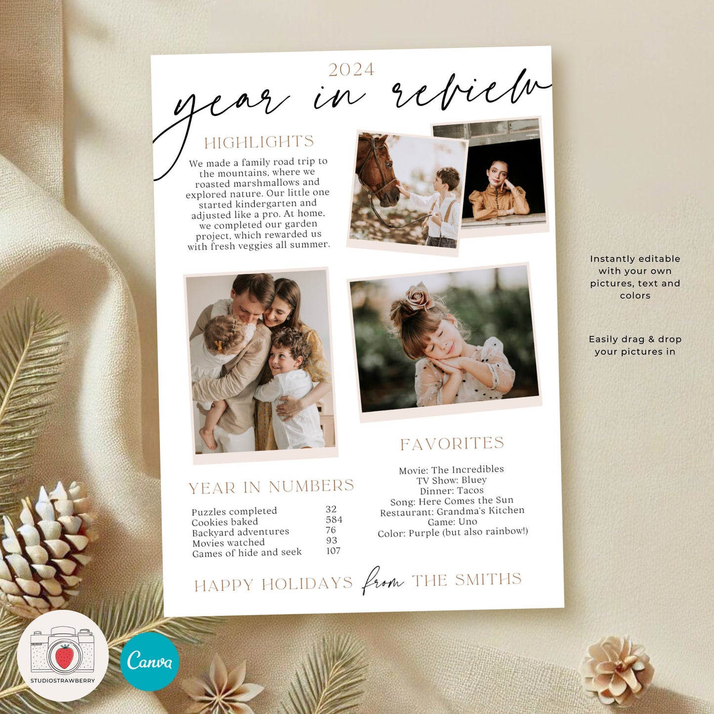 Year in Review Photo Card Template | Customizable Holiday Card | Family Year Recap Christmas Card | Canva Photo Template for Year Highlights