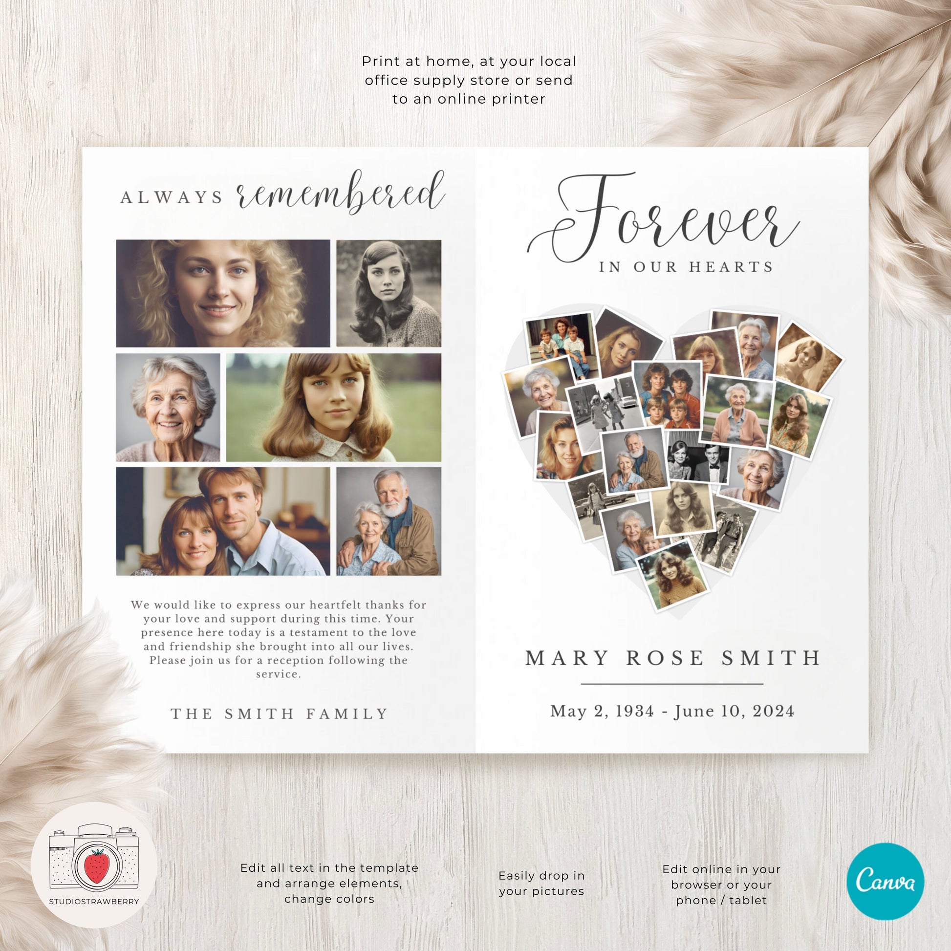 Editable Funeral Program Template | Canva Memorial Program with Heart-Shaped Photo Collage | Customizable Obituary & Service Details