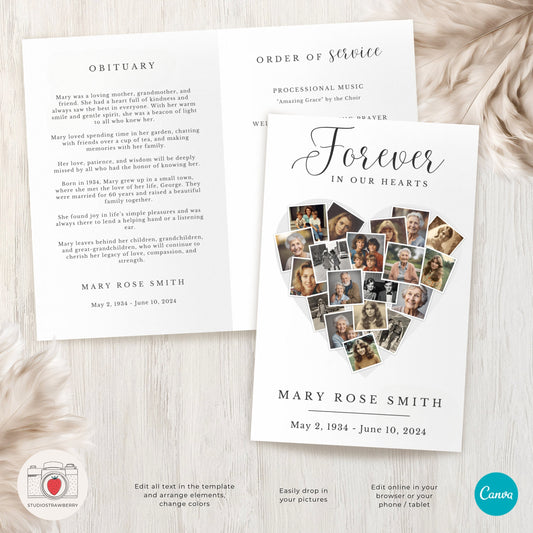 Editable Funeral Program Template | Canva Memorial Program with Heart-Shaped Photo Collage | Customizable Obituary & Service Details