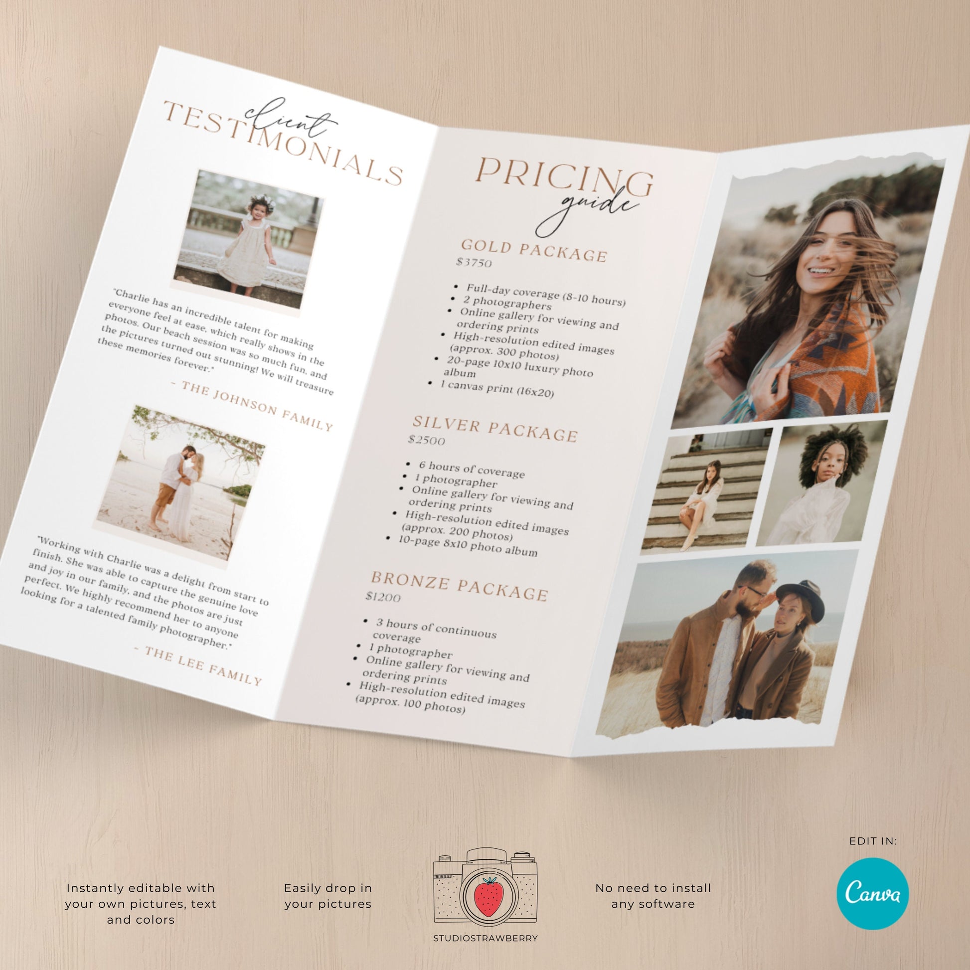 Trifold Photography Welcome Guide Template for Canva, Letter Size Printable Brochure for Photographers, Pricing Guide, Client Welcome | C10