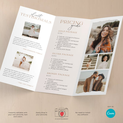 Trifold Photography Welcome Guide Template for Canva, Letter Size Printable Brochure for Photographers, Pricing Guide, Client Welcome | C10