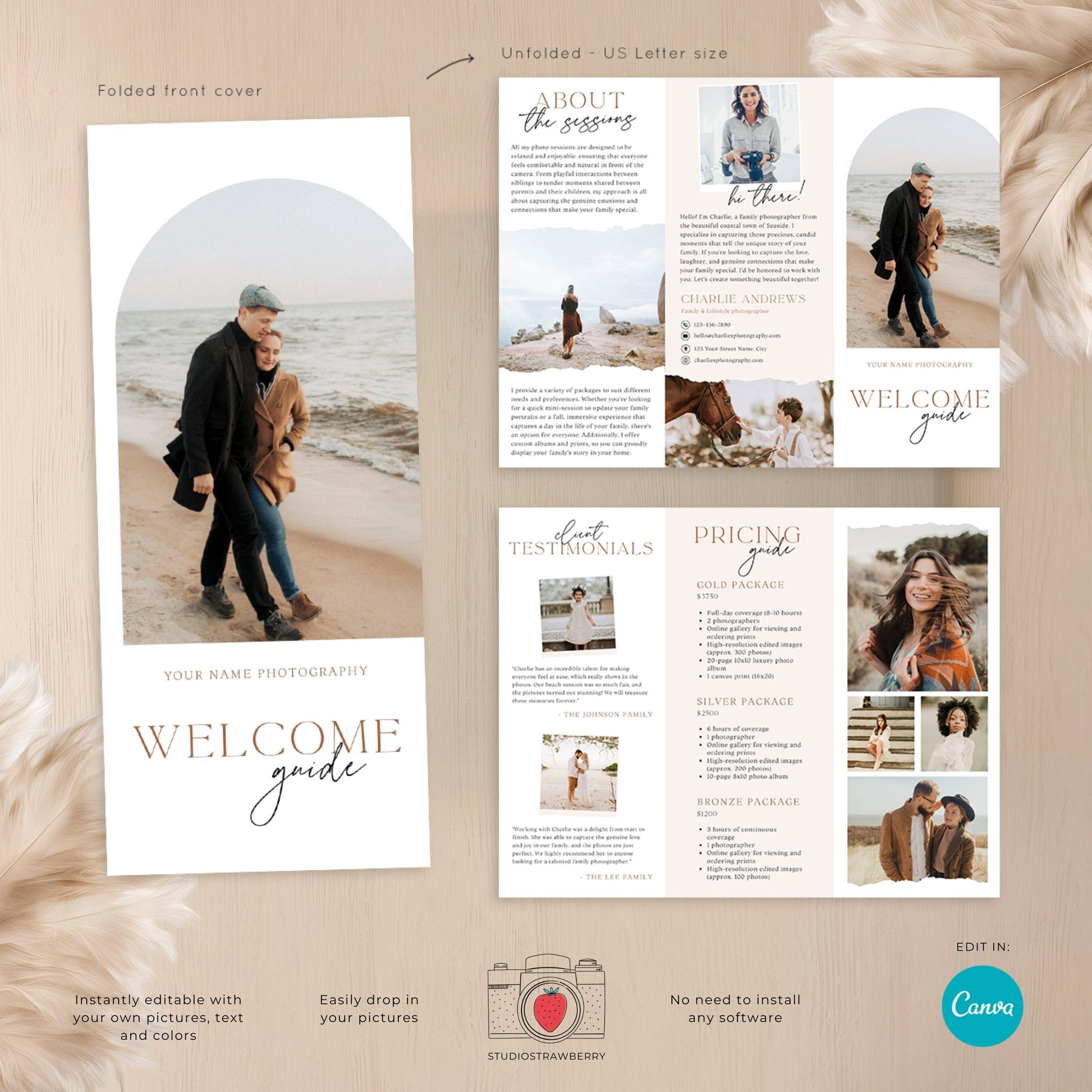 Trifold Photography Welcome Guide Template for Canva, Letter Size Printable Brochure for Photographers, Pricing Guide, Client Welcome | C10