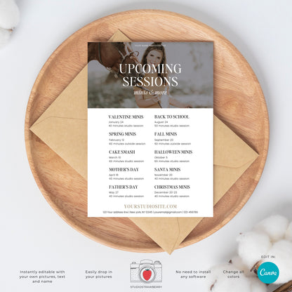 Photography Upcoming Sessions Template | Mini Session Marketing Flyer | Canva Editable Photographer Marketing Card | C12