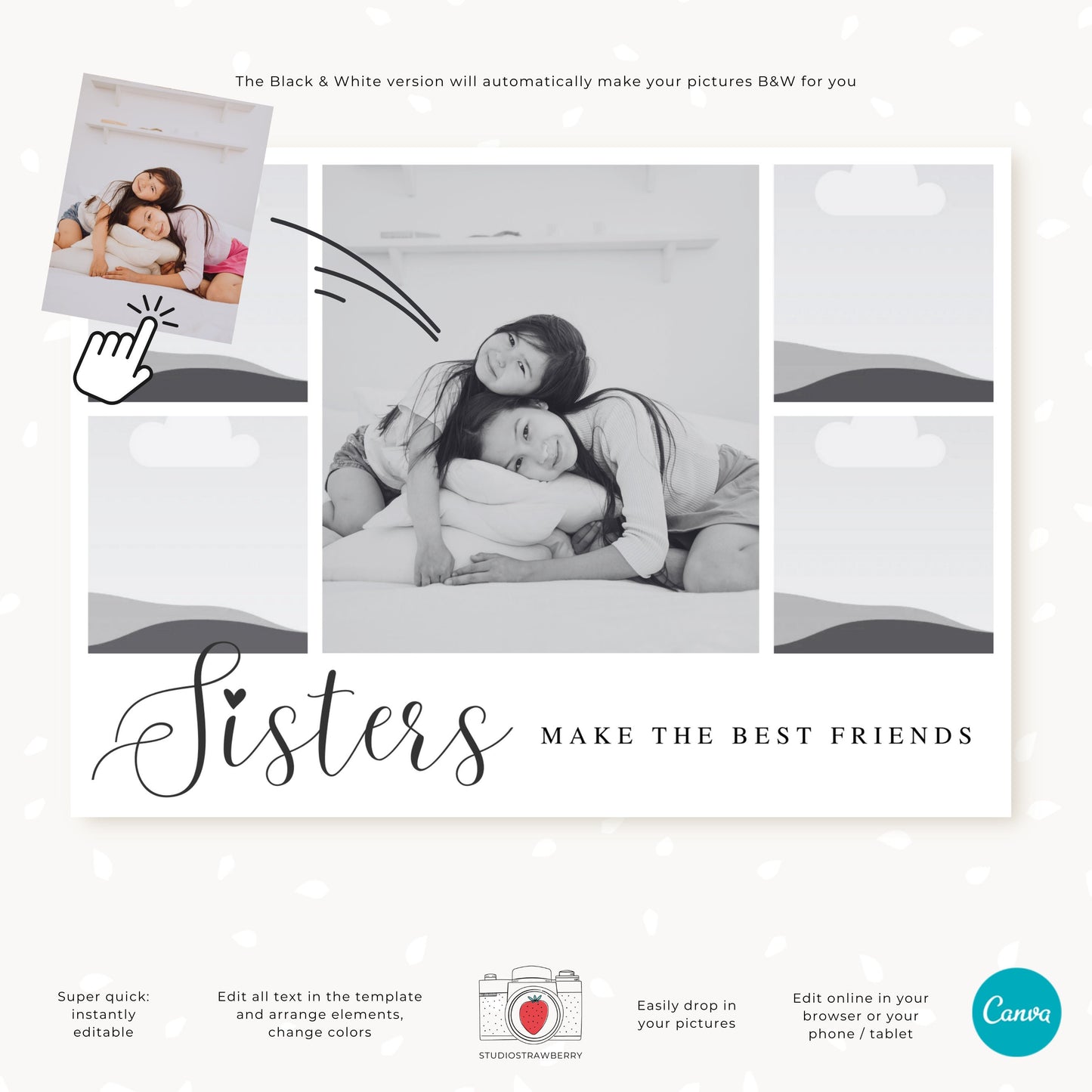 Sisters Make the Best Friends Photo Collage Template | Printable Sisters Photo Card | Editable Canva Five-Photo Collage Card