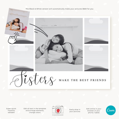 Sisters Make the Best Friends Photo Collage Template | Printable Sisters Photo Card | Editable Canva Five-Photo Collage Card