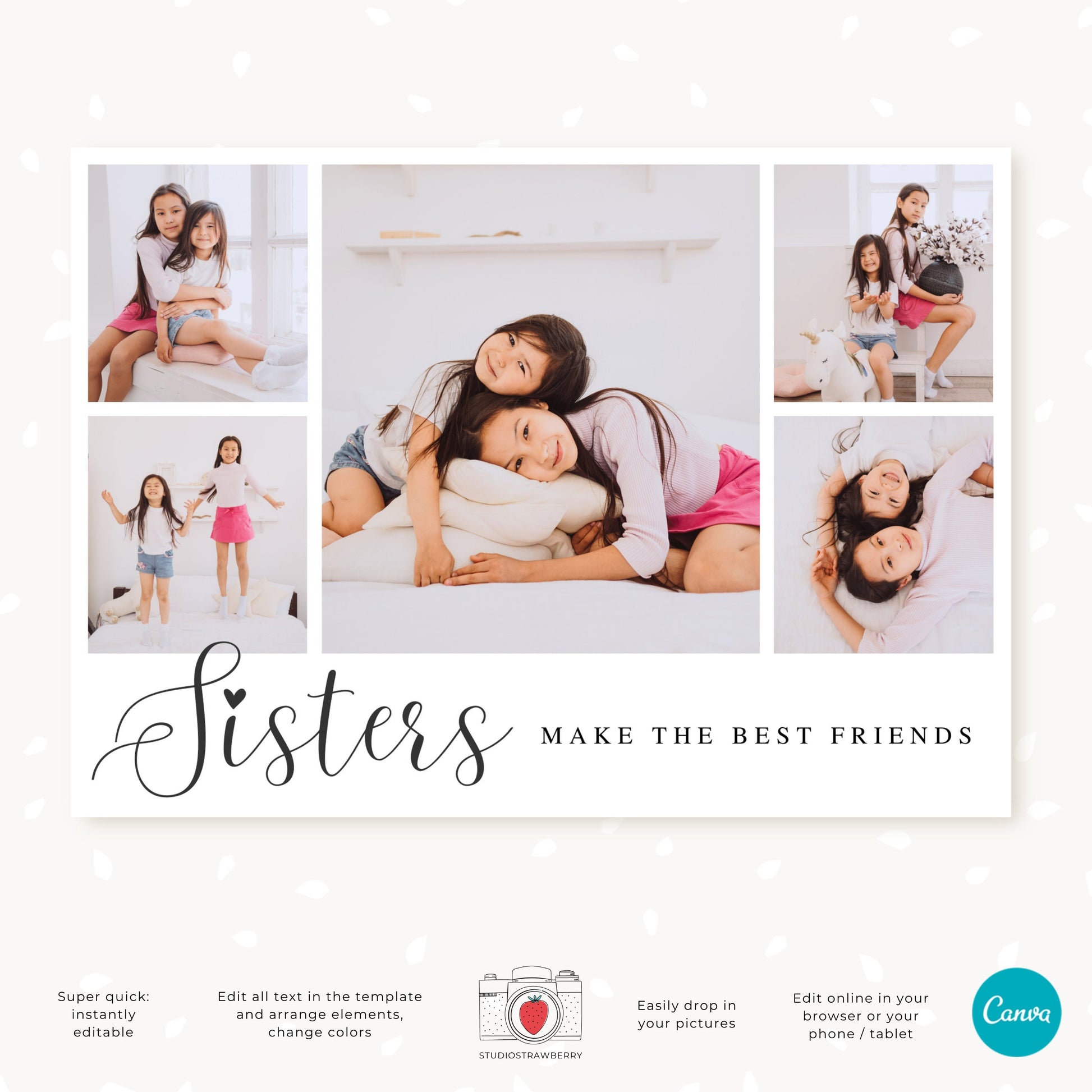 Sisters Make the Best Friends Photo Collage Template | Printable Sisters Photo Card | Editable Canva Five-Photo Collage Card