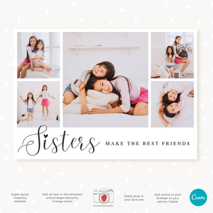 Sisters Make the Best Friends Photo Collage Template | Printable Sisters Photo Card | Editable Canva Five-Photo Collage Card