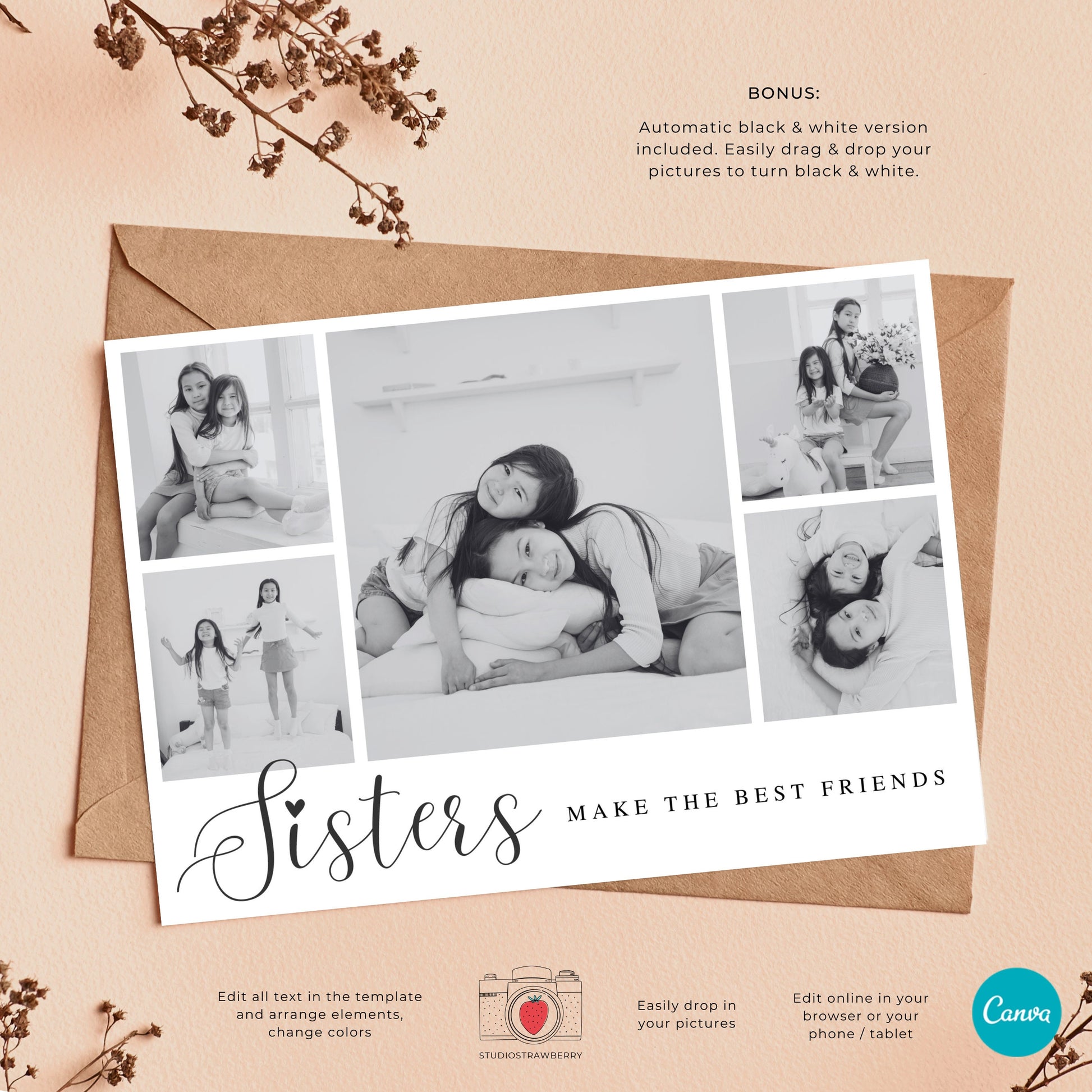 Sisters Make the Best Friends Photo Collage Template | Printable Sisters Photo Card | Editable Canva Five-Photo Collage Card