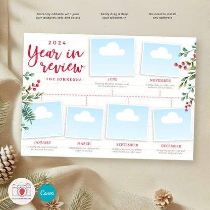 Editable Year in Review Holiday Card with Timeline | Family Christmas Card Template | Customizable New Year Photo Card Design | Drag & Drop