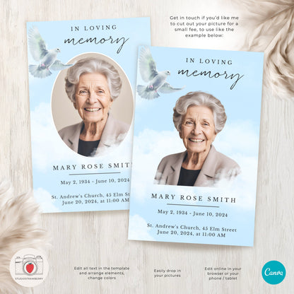 Funeral Program Template with Dove | Canva Memorial Service Program | Printable Obituary with Order of Service | Folded Standard Letter Size