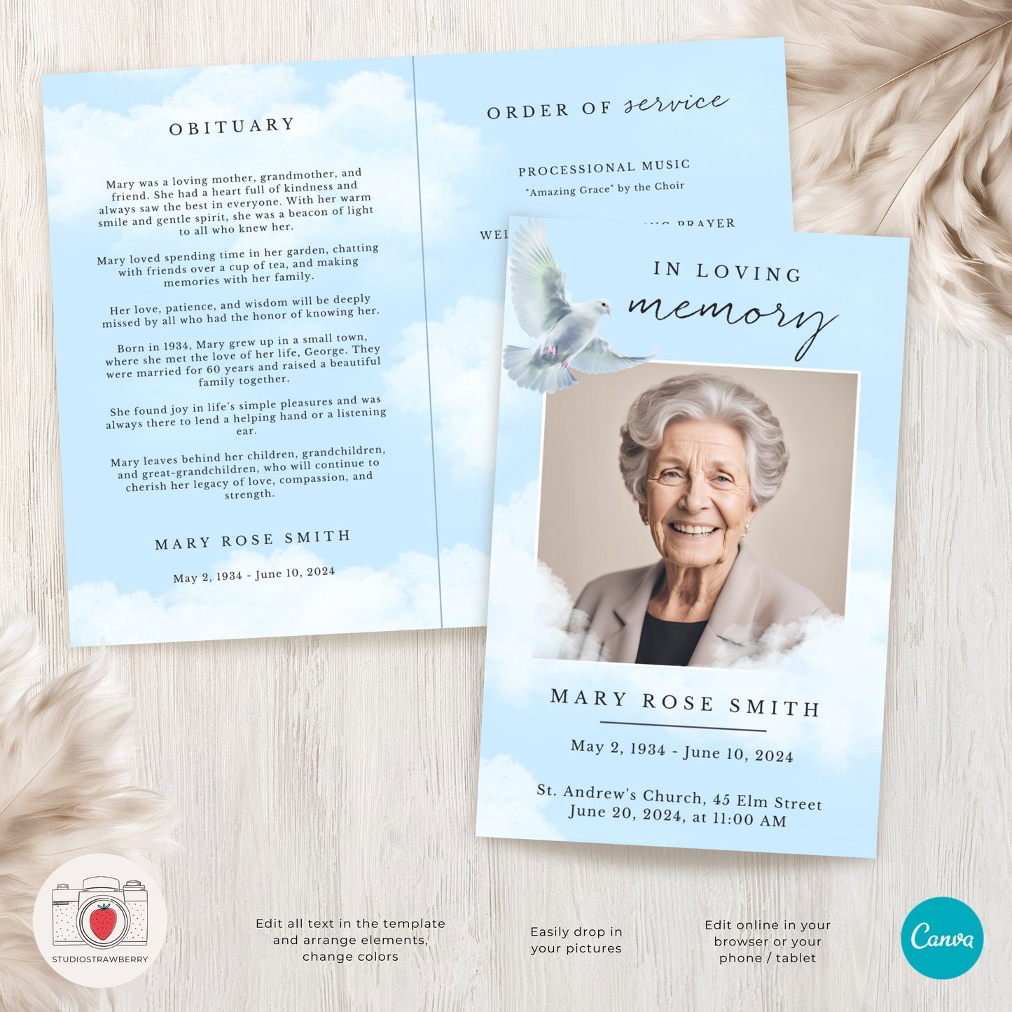 Funeral Program Template with Dove | Canva Memorial Service Program | Printable Obituary with Order of Service | Folded Standard Letter Size
