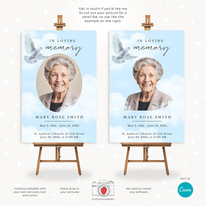 Editable Funeral Sign with Dove Design | Canva 36x24 Memorial Service Poster | Printable In Loving Memory Sign for Christian Funerals