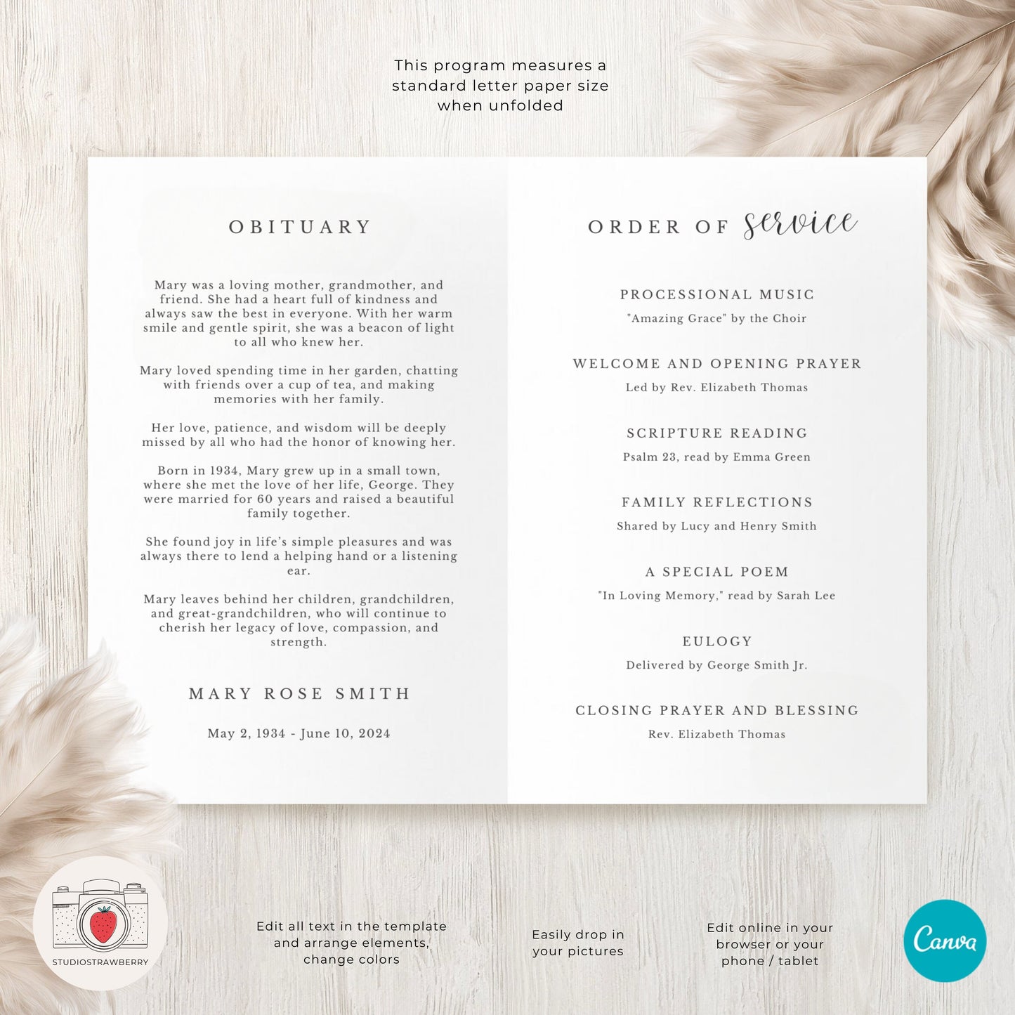 Editable Funeral Program Template | Canva Memorial Program with Heart-Shaped Photo Collage | Customizable Obituary & Service Details