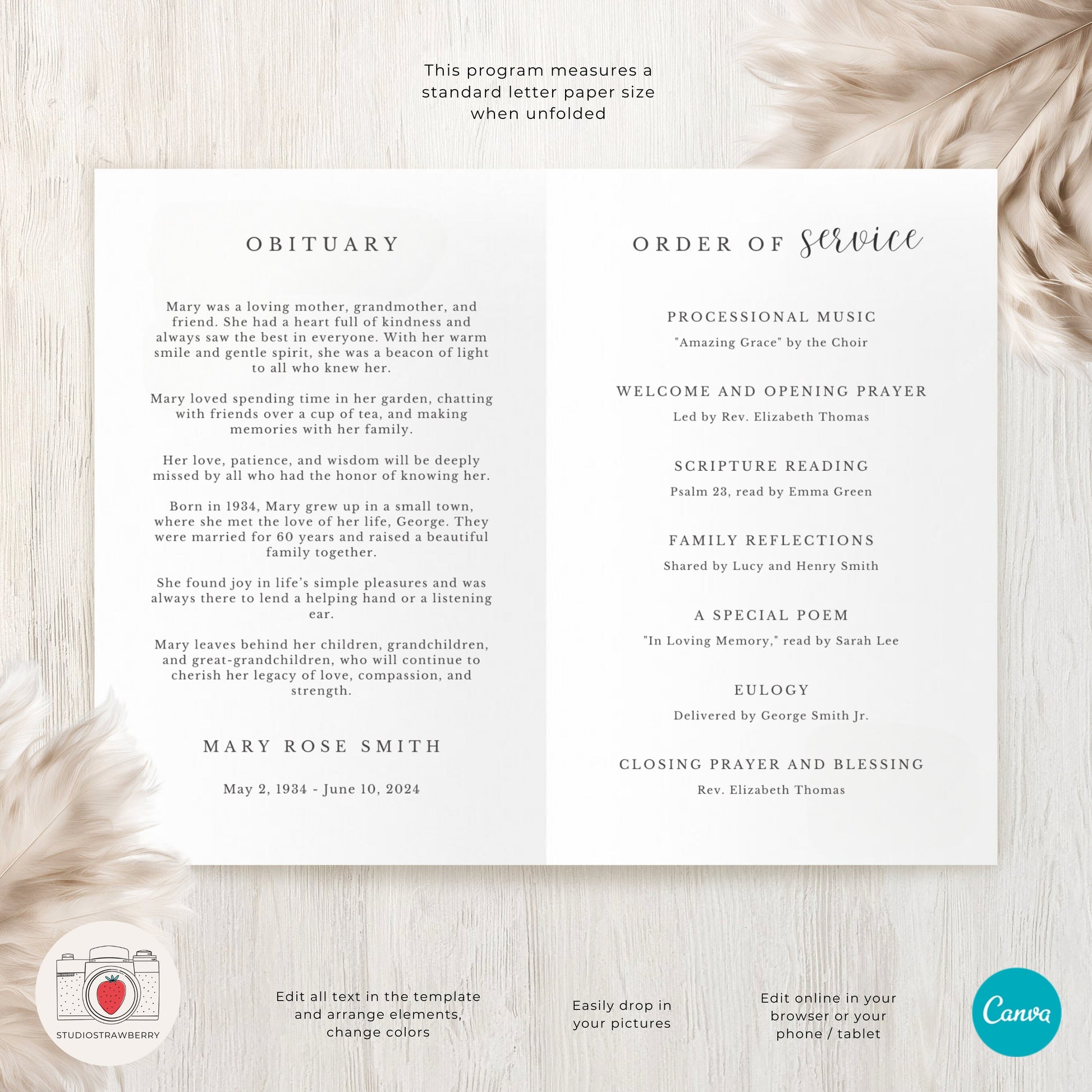 Editable Funeral Program Template | Canva Memorial Program with Heart-Shaped Photo Collage | Customizable Obituary & Service Details