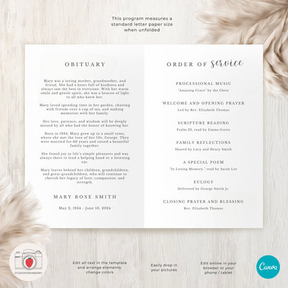 Editable Funeral Program Template | Canva Memorial Program with Heart-Shaped Photo Collage | Customizable Obituary & Service Details