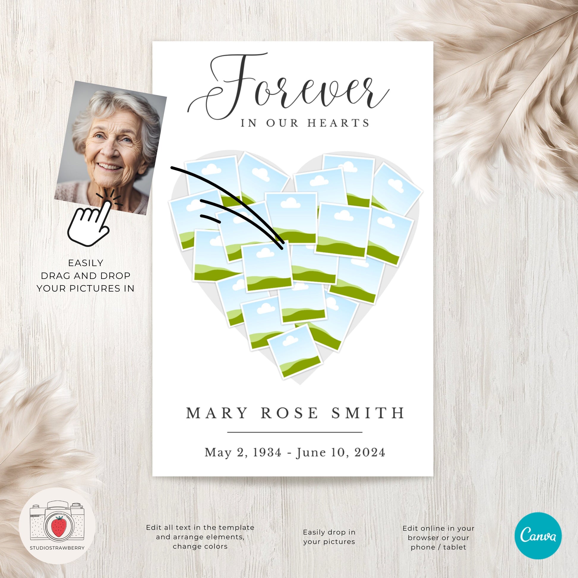 Editable Funeral Program Template | Canva Memorial Program with Heart-Shaped Photo Collage | Customizable Obituary & Service Details