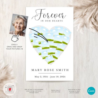 Editable Funeral Program Template | Canva Memorial Program with Heart-Shaped Photo Collage | Customizable Obituary & Service Details