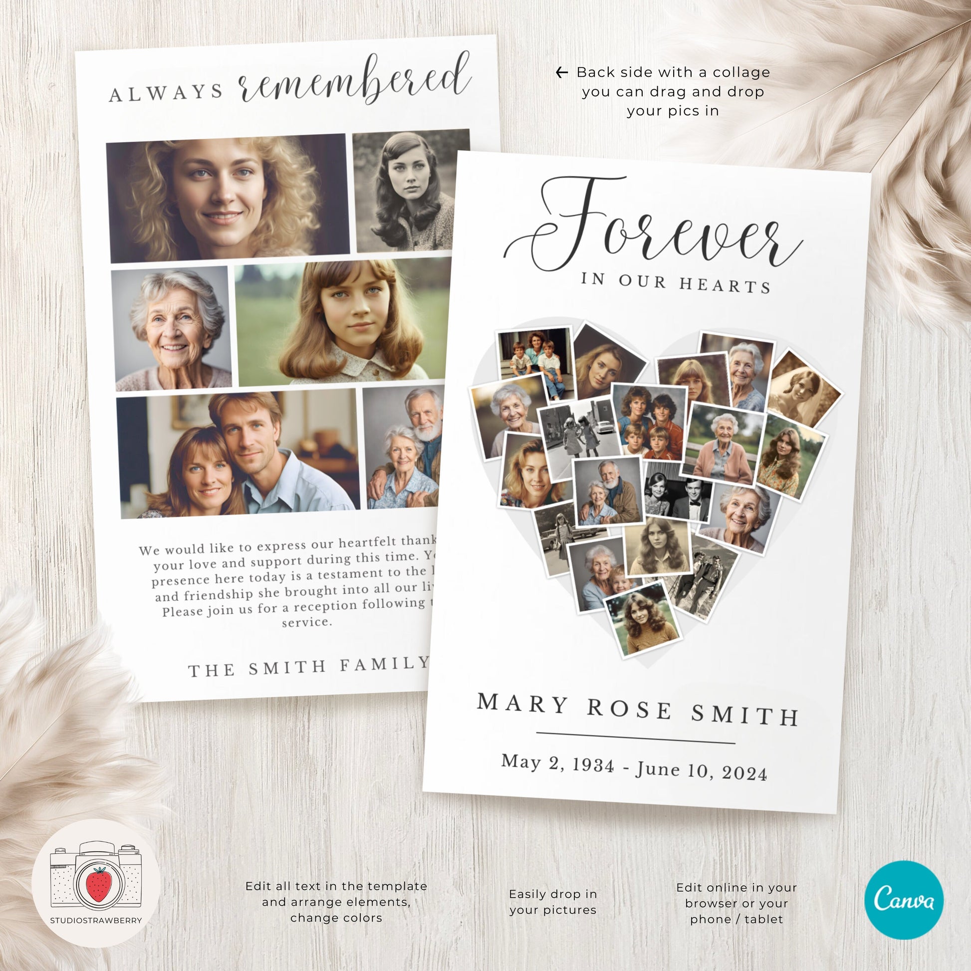 Editable Funeral Program Template | Canva Memorial Program with Heart-Shaped Photo Collage | Customizable Obituary & Service Details