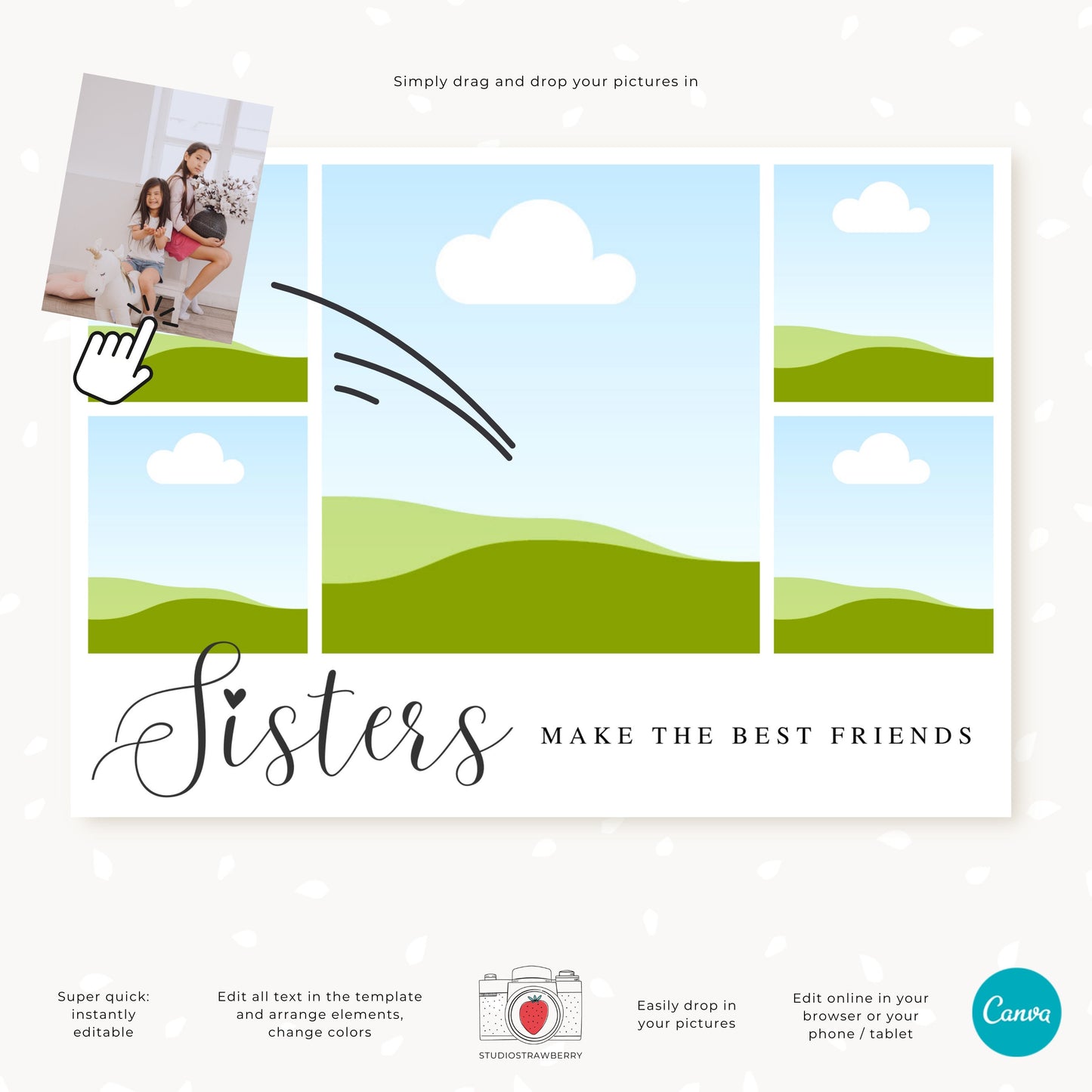 Sisters Make the Best Friends Photo Collage Template | Printable Sisters Photo Card | Editable Canva Five-Photo Collage Card