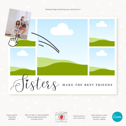 Sisters Make the Best Friends Photo Collage Template | Printable Sisters Photo Card | Editable Canva Five-Photo Collage Card