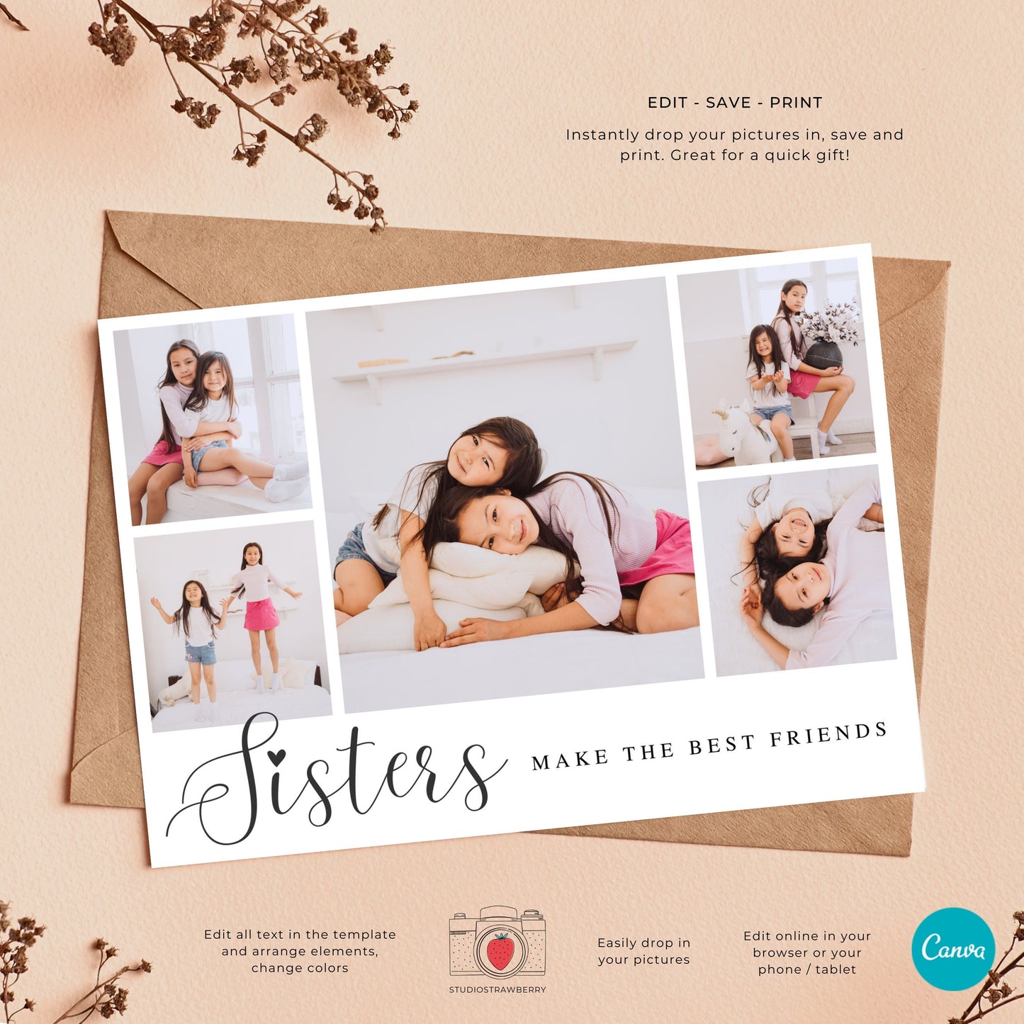 Sisters Make the Best Friends Photo Collage Template | Printable Sisters Photo Card | Editable Canva Five-Photo Collage Card