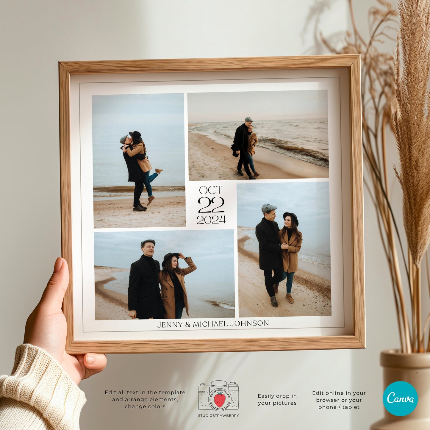 Editable Anniversary Photo Collage Template, Customizable Birthday Photo Gift, Printable Square Collage for Wedding Anniversaries & More