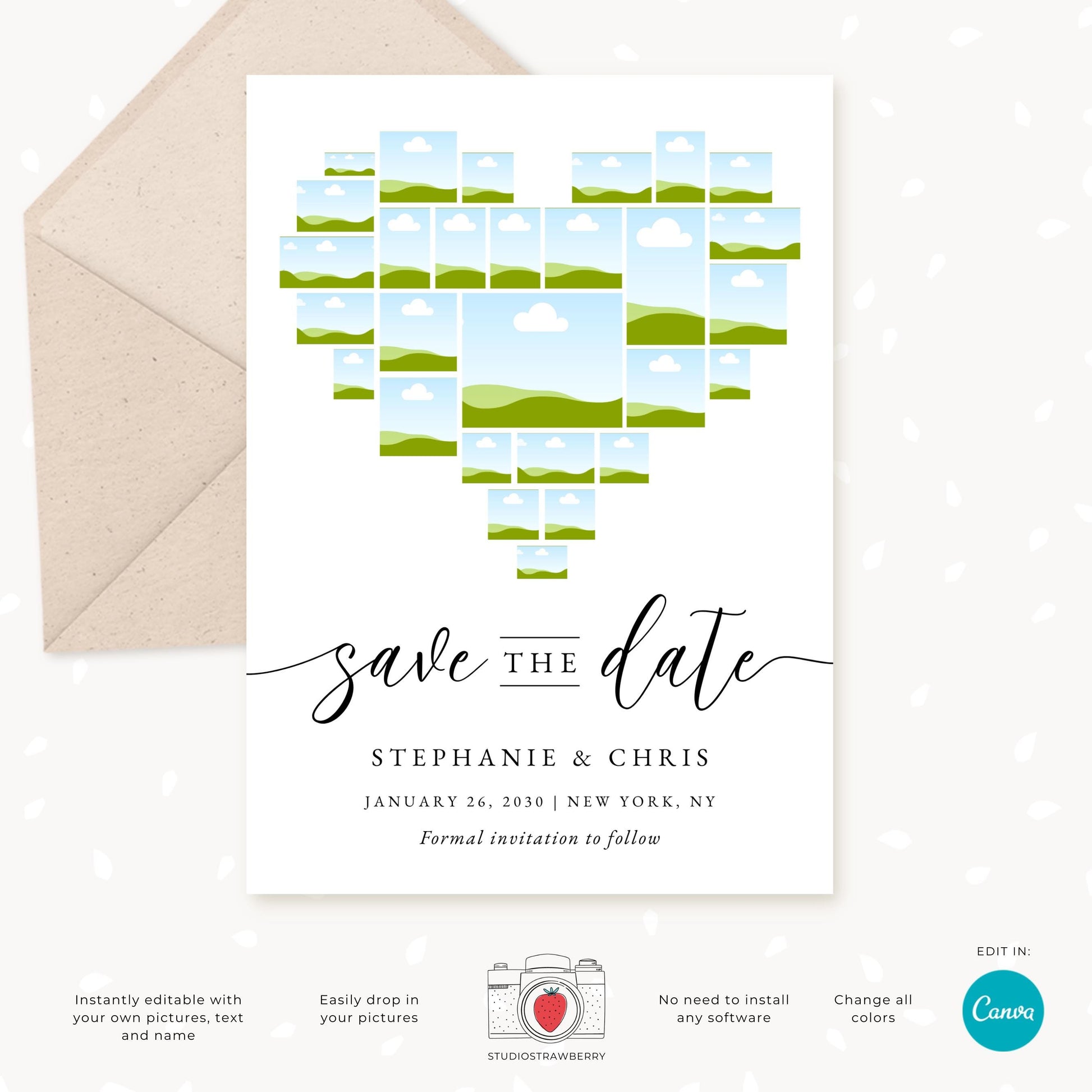 Editable Heart Photo Collage Save the Date Template, Custom Wedding Invitation Canva, Personalized Mosaic Photo Card for Weddings