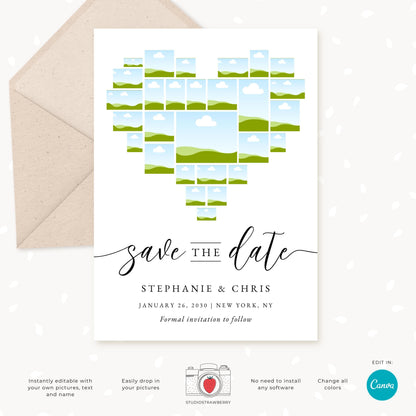 Editable Heart Photo Collage Save the Date Template, Custom Wedding Invitation Canva, Personalized Mosaic Photo Card for Weddings