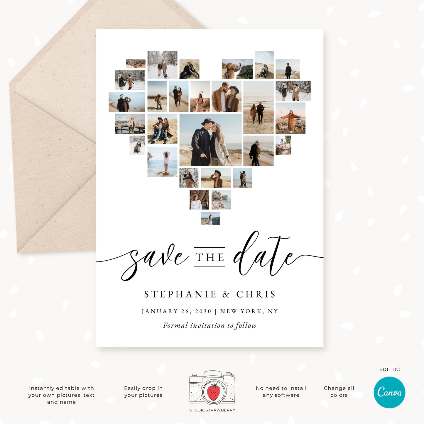 Editable Heart Photo Collage Save the Date Template, Custom Wedding Invitation Canva, Personalized Mosaic Photo Card for Weddings