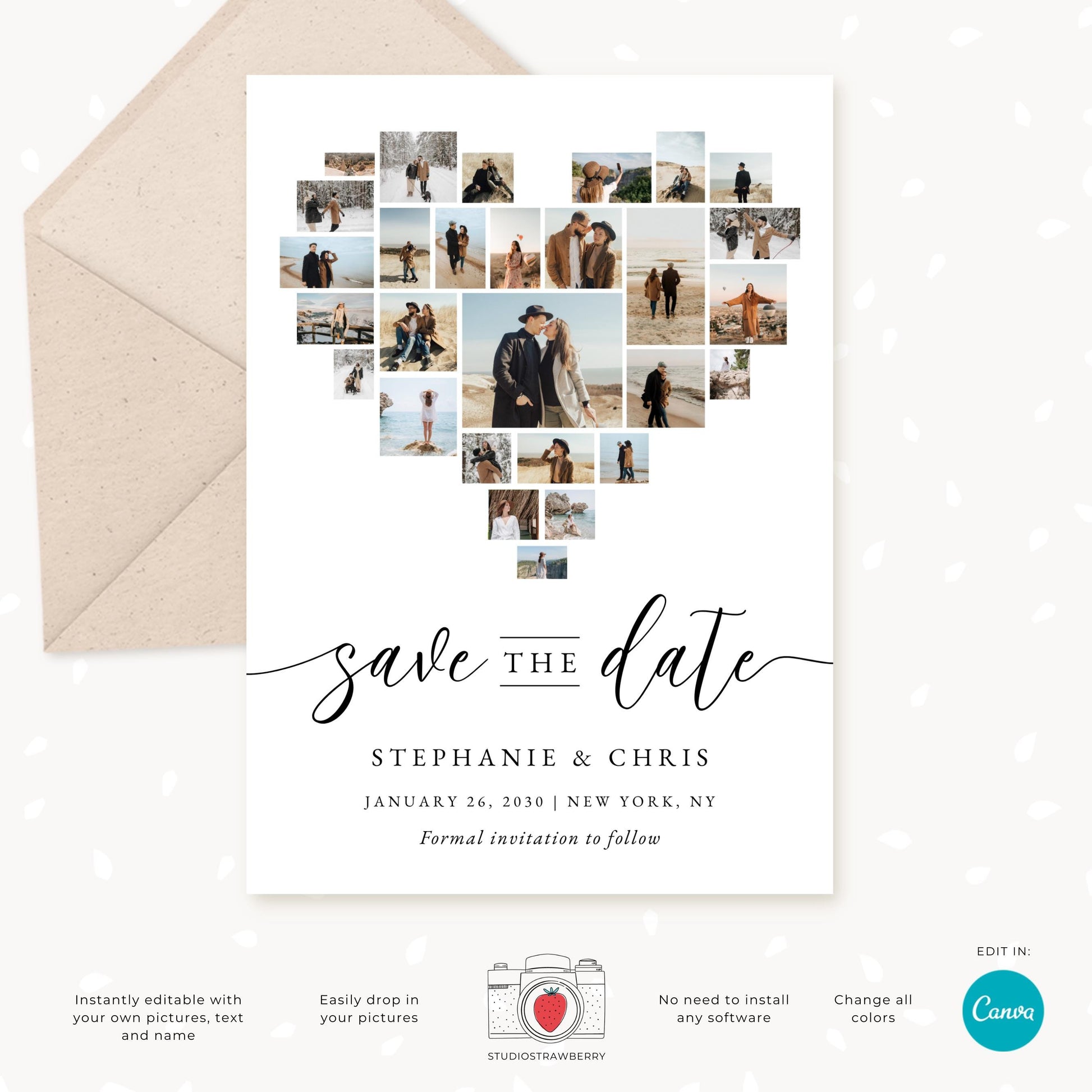 Editable Heart Photo Collage Save the Date Template, Custom Wedding Invitation Canva, Personalized Mosaic Photo Card for Weddings