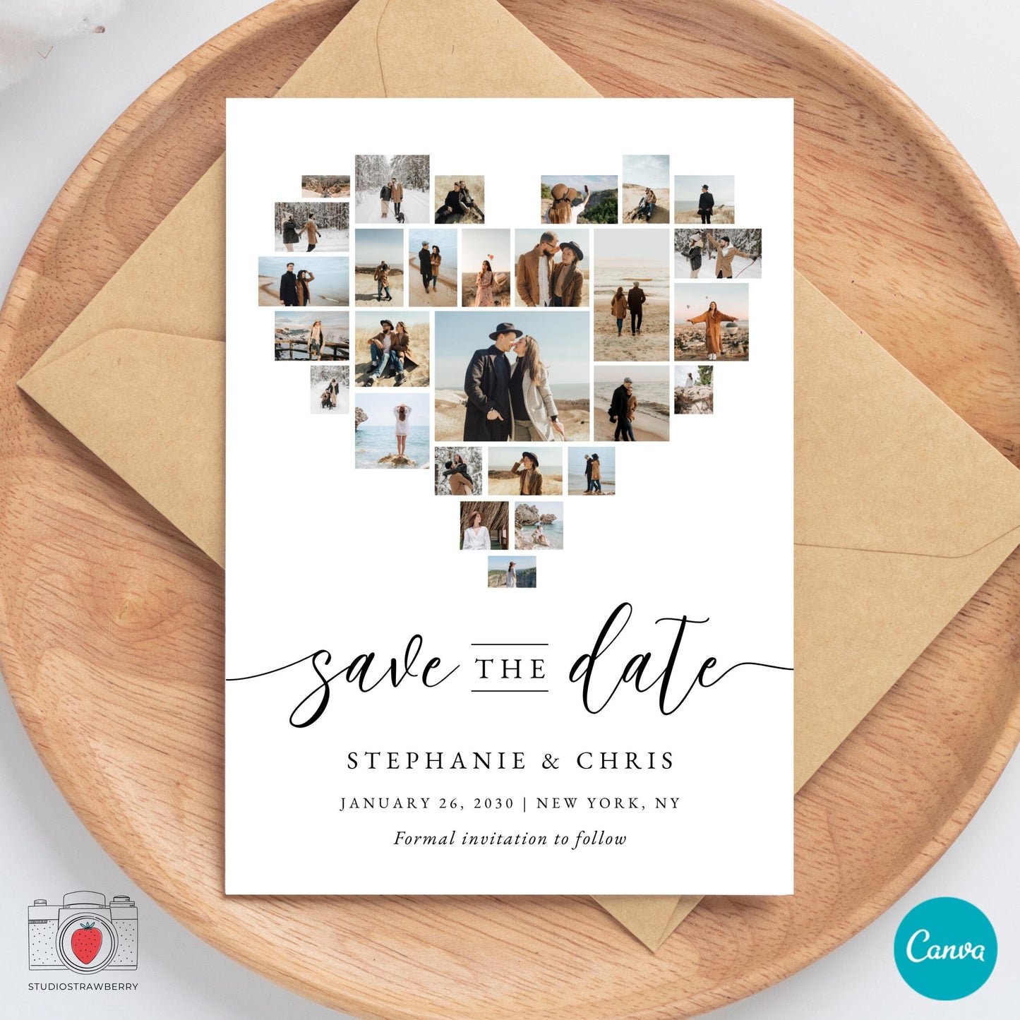 Editable Heart Photo Collage Save the Date Template, Custom Wedding Invitation Canva, Personalized Mosaic Photo Card for Weddings