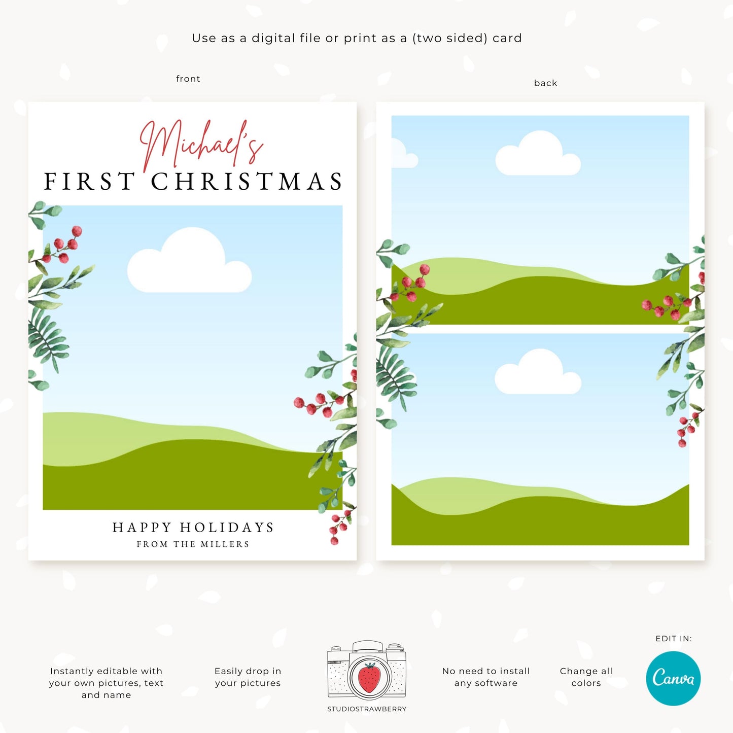 Editable Baby’s First Christmas Photo Card Template, Custom Baby Christmas Card, Personalized Newborn Holiday Greeting, Printable Card
